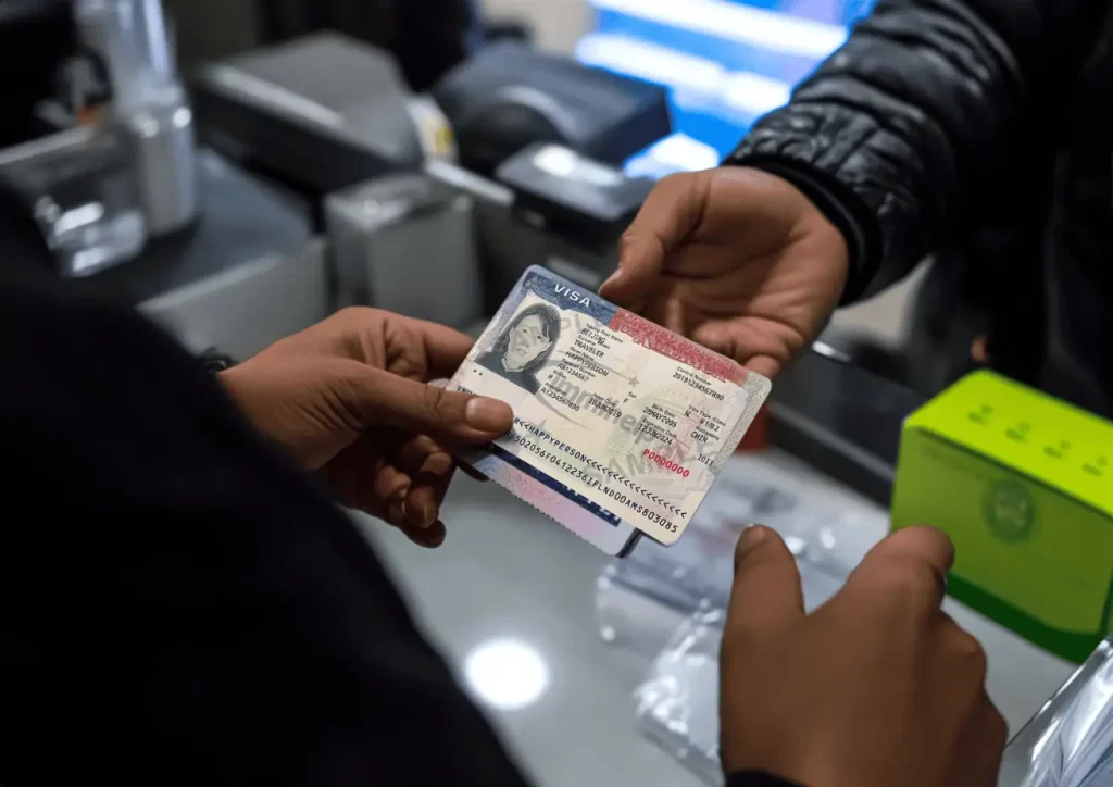 Persona recibiendo su pasaporte con la visa americana aprobada en una oficina de paquetería en México.